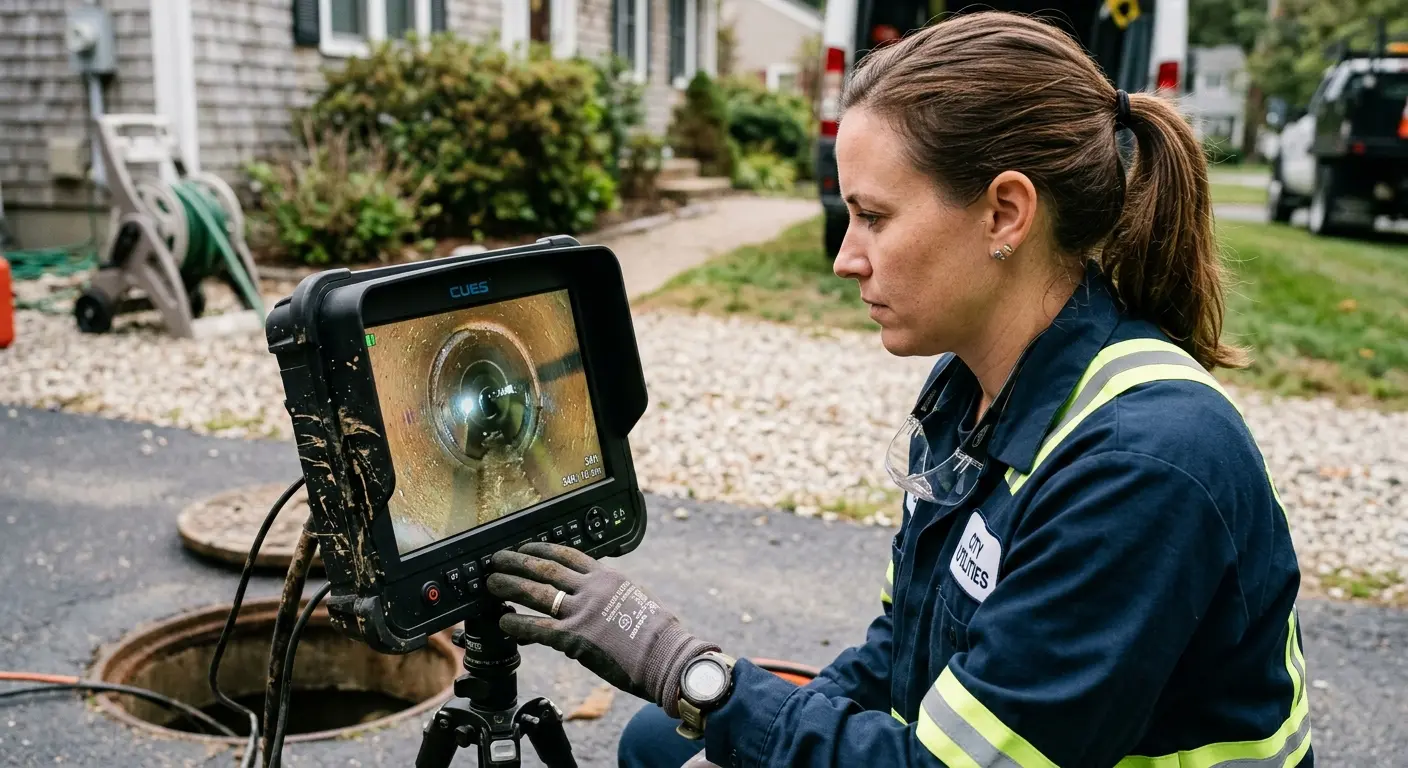 Technician reviewing sewer camera inspection footage in Montgomery
