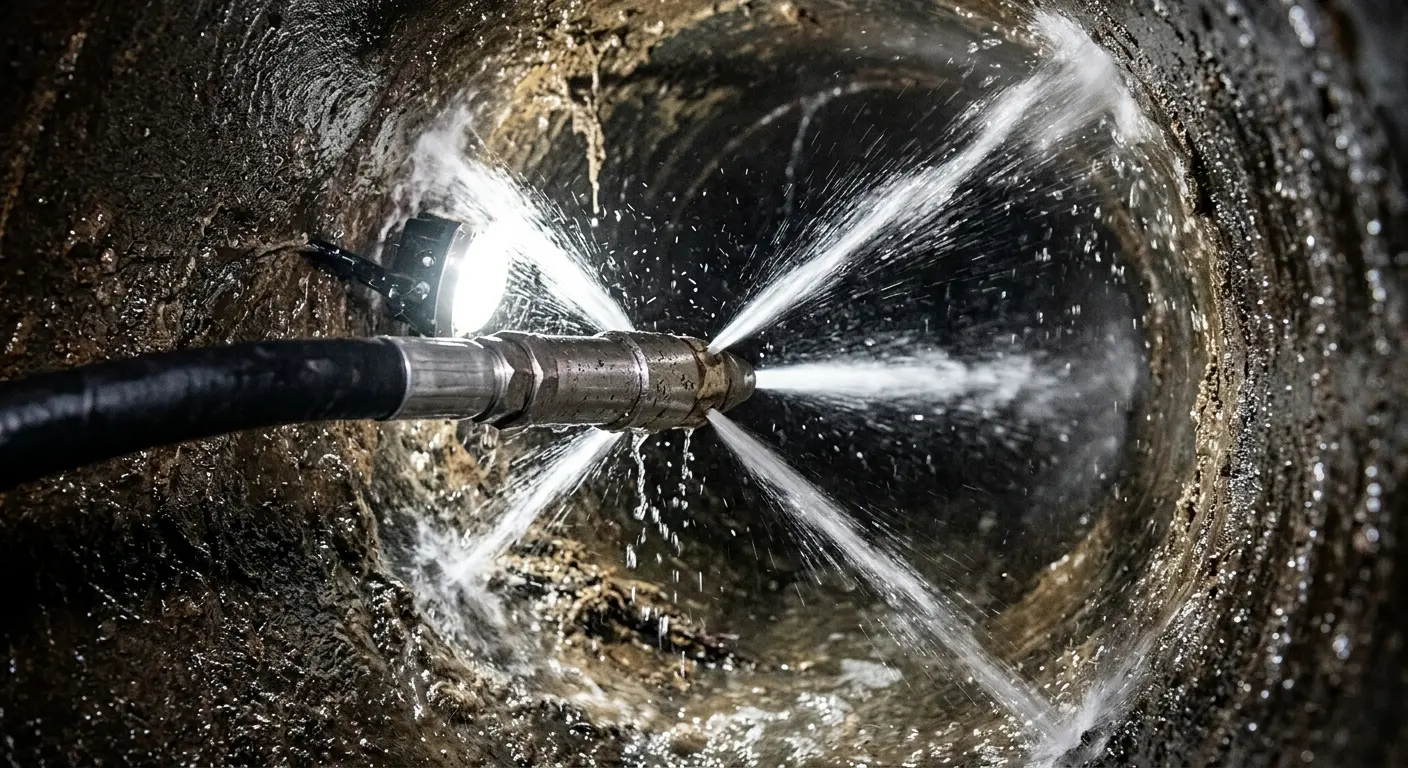 High-pressure hydro jetting nozzle cleaning sewer pipe for Sewer Line Relining in Montgomery